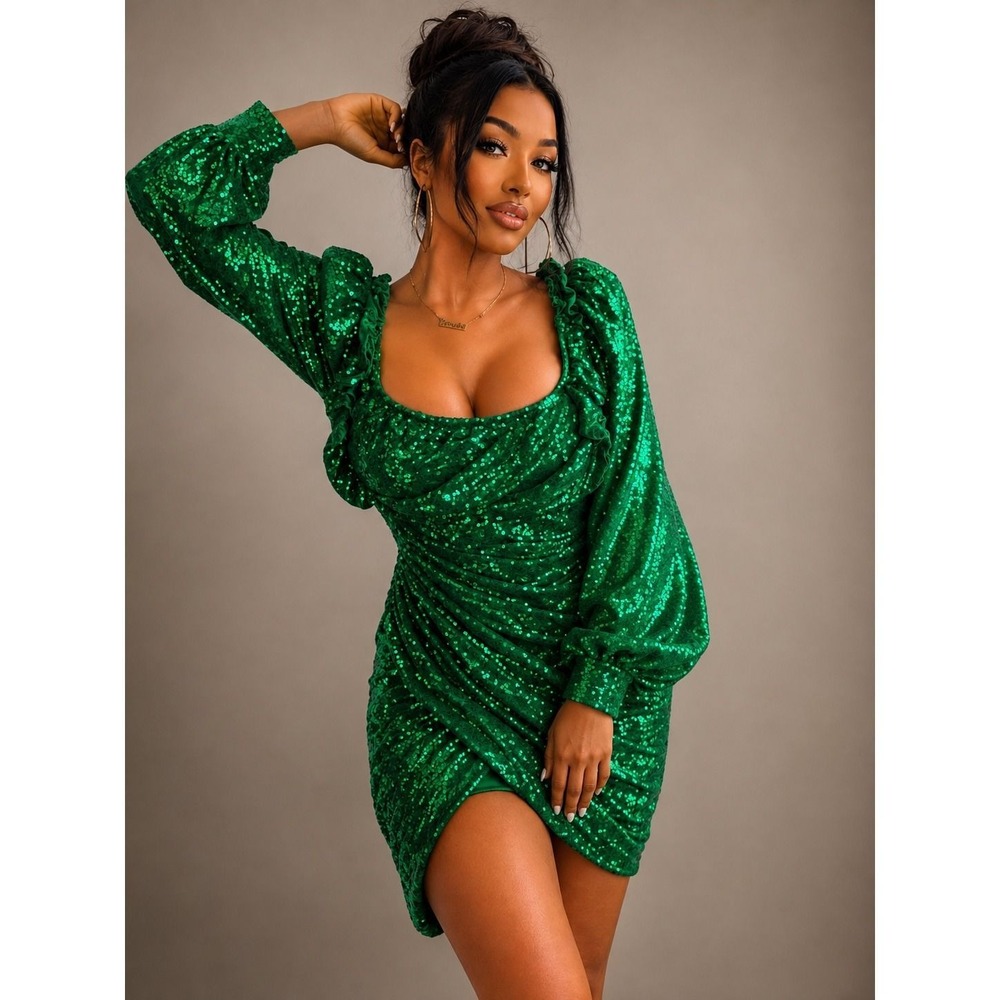 PrettyLittleThing Green Sequin Ruffle Ruched Mini Dress Long Sleeve Size 10